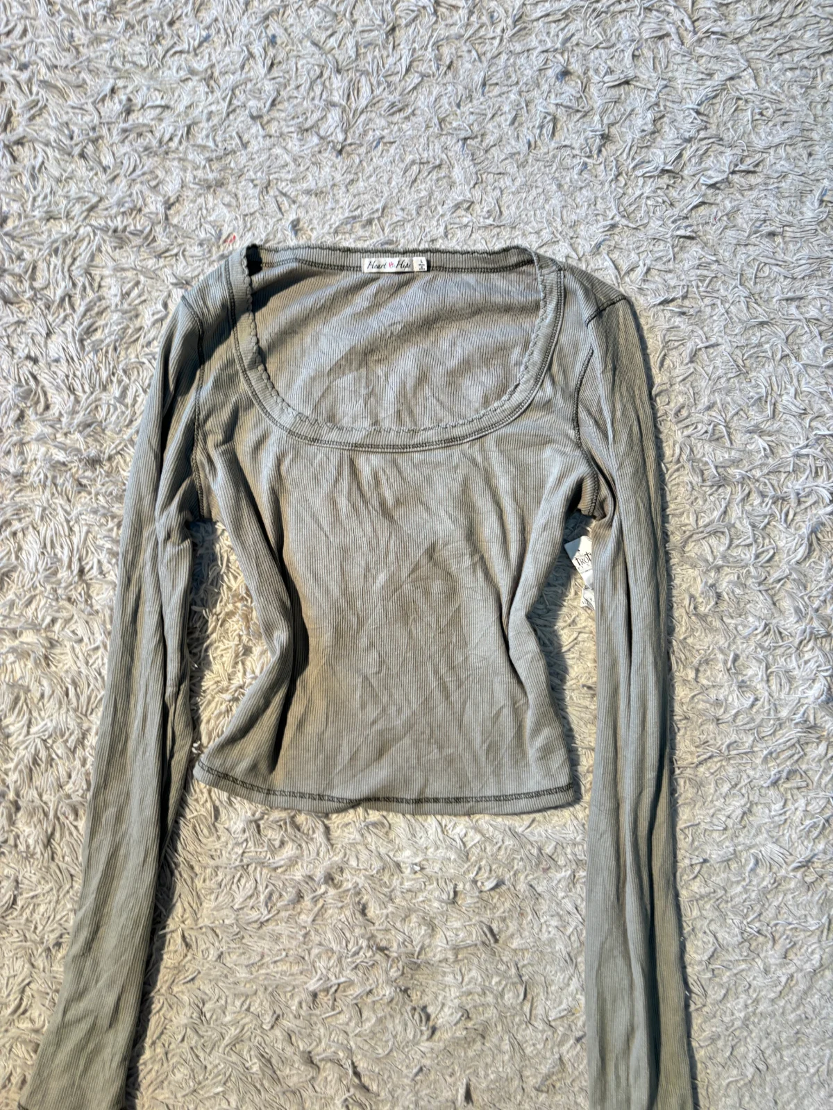 grey long-sleeve crop top with square neckline