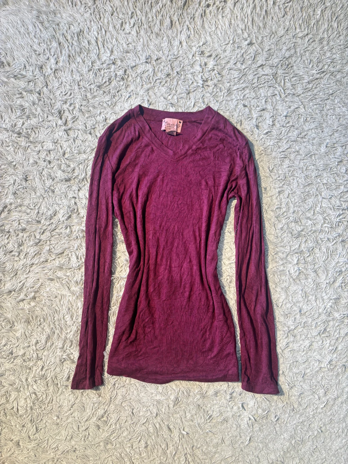 maroon long-sleeve V-neck shirt — view 1