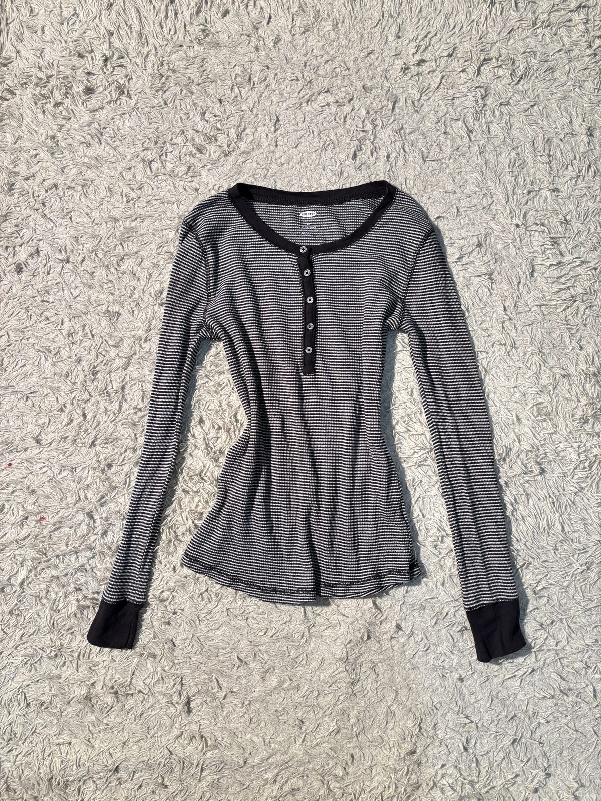 Black & White Striped Ribbed Henley Top — view 1
