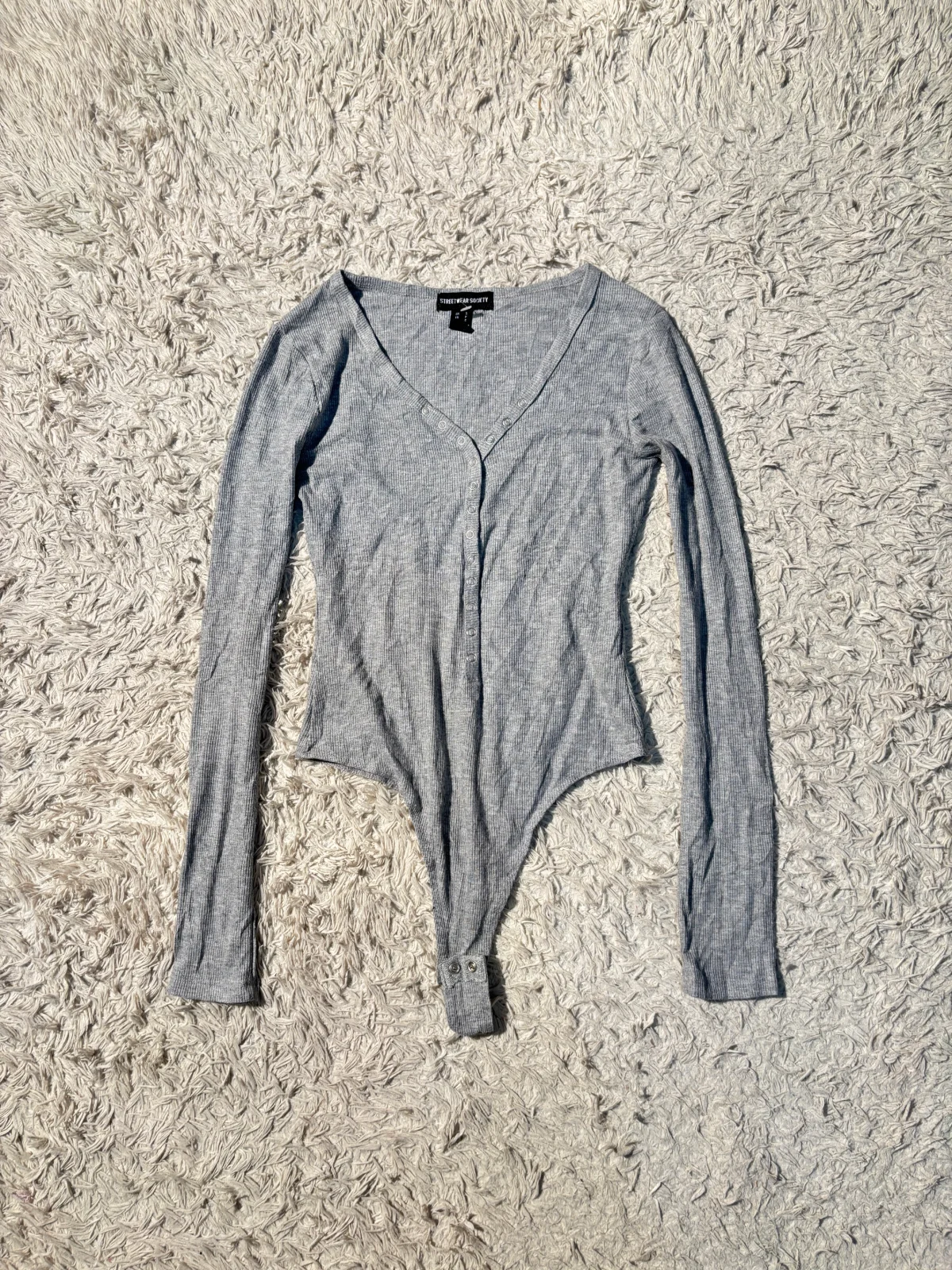 grey ribbed long-sleeved bodysuit — view 1